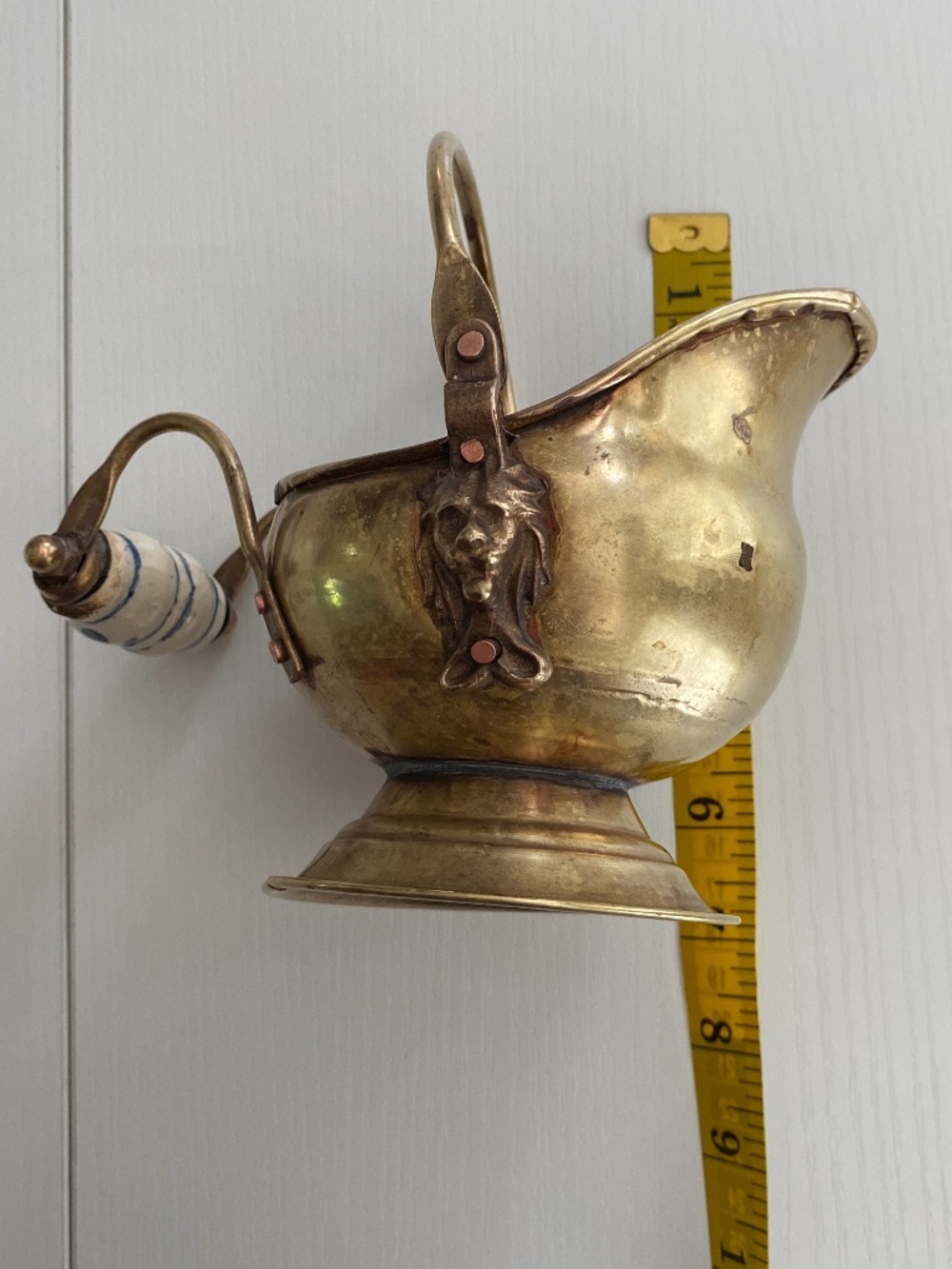 Antique Hand Crafted Mini Pitcher With Lion Heads & Blue White Painted Handle - Picture 14 of 14
